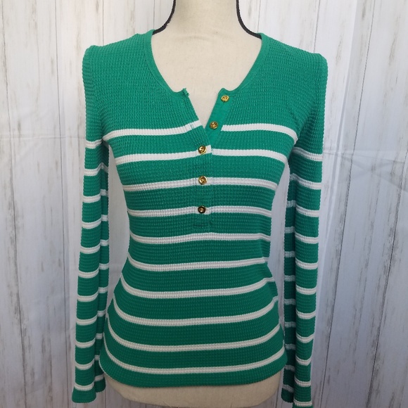 J. Crew Tops - J Crew Thermal Henley Green & White stripe